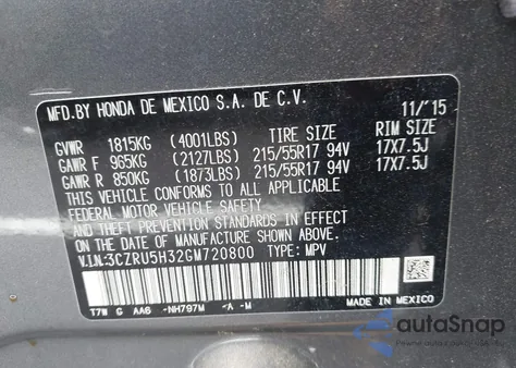 2016 Honda Hr-V Lx from USA, damaged, VIN 3CZRU5H32GM720800